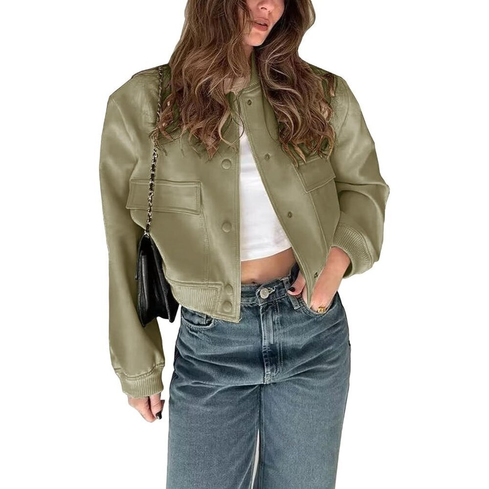 🆕Women Green Cropped Bomber Jacket Button Down Varsity Shacket with Pockets